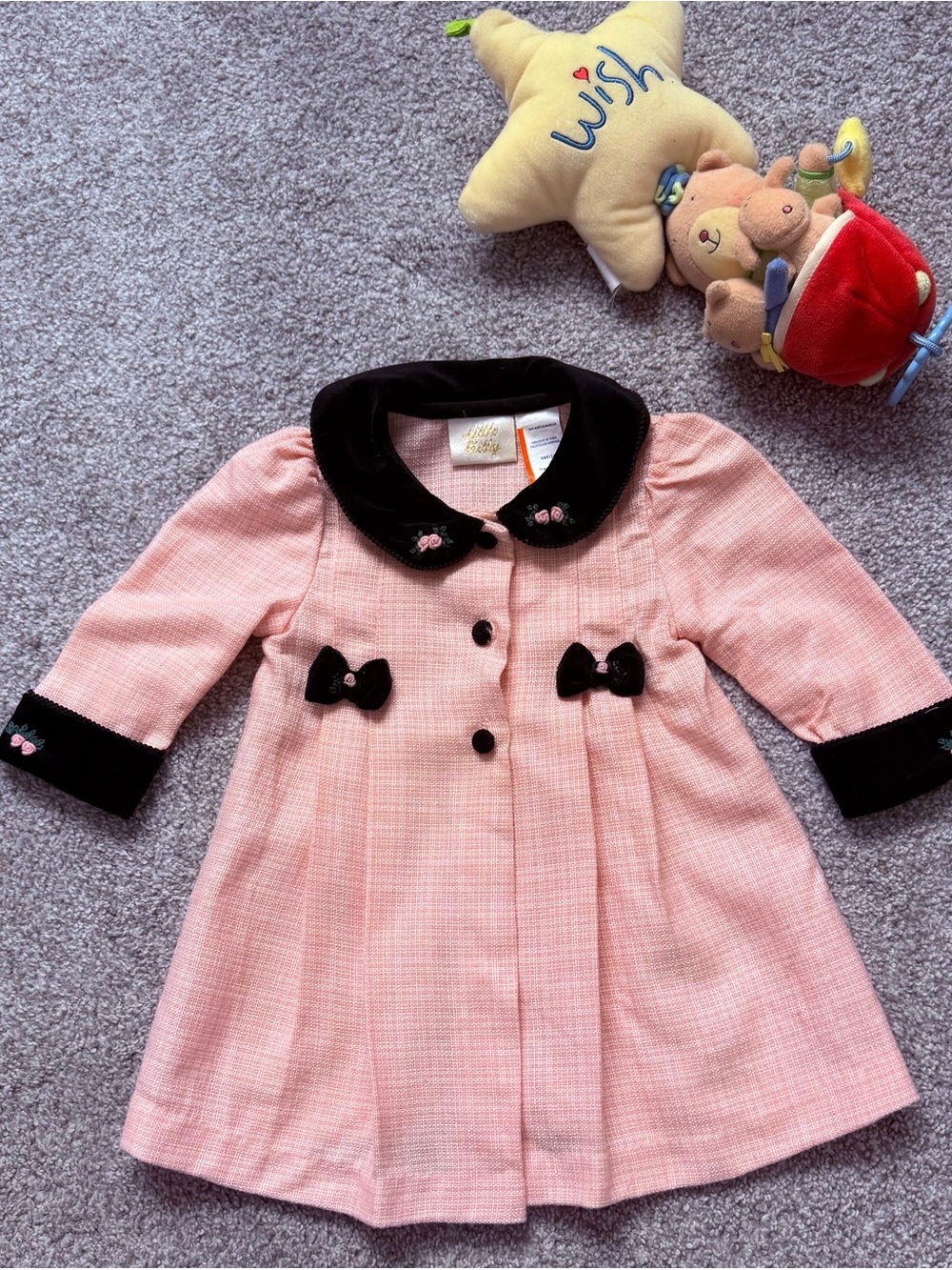 Vintage Pink Baby Girl Coat with Black Velvet Trim and Bows Cute Adorable